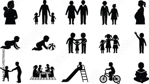 Comprehensive Family Life and Child Development Icon Set with Vector Symbols of Parents Children Seniors Pregnancy Baby Playing Reading and Picnic