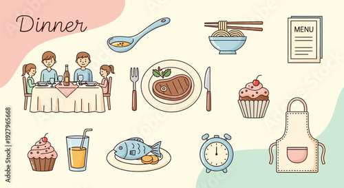 A collection of dinner-themed cartoon icons including a family eating, steak, fish, noodles, cupcakes, drinks, and kitchen items.