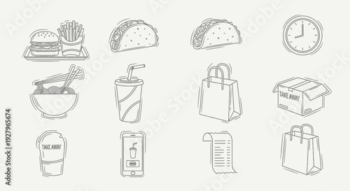 Hand-drawn line art icons depicting fast food, delivery services, and shopping elements like burgers, tacos, drinks, bags, and receipts.