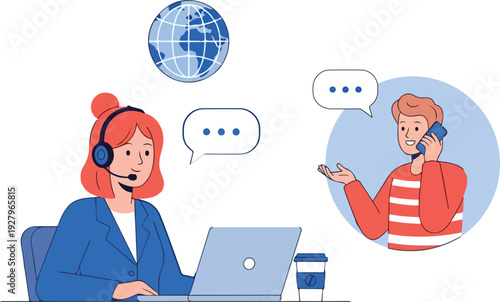 Female customer service representative with a headset at a laptop talking to a male customer on a phone, with a globe and speech bubbles above, isolated on white background