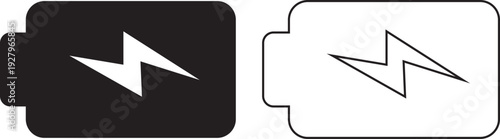 Battery status icon set collection, charging level indicator symbols with low, medium, full power and lightning bolt in solid and outline style vector isolated on transparent background