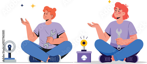 Two cartoon people with orange hair sitting cross-legged, holding wrenches, with a lightbulb and a shining object between them, isolated on white background