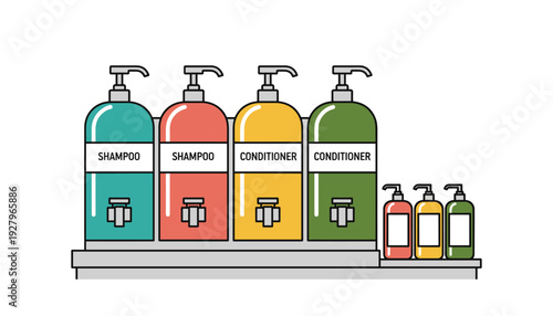 Colorful shampoo and conditioner bottles on a shelf with smaller bottles