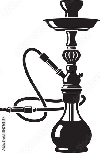 Silhouette of traditional shisha pipe with hose and mouthpiece on transparent background, detailed design for smoking and relaxation