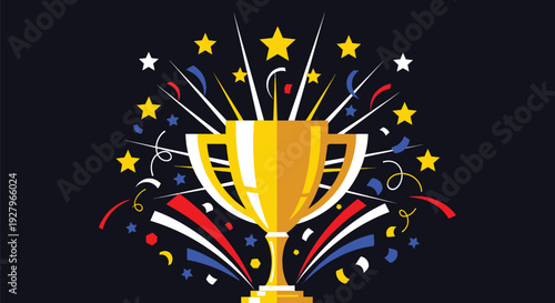 Golden trophy cup with stars and confetti on black background