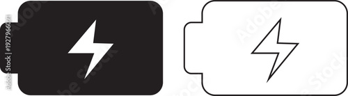 Battery status icon set collection, charging level indicator symbols with low, medium, full power and lightning bolt in solid and outline style vector isolated on transparent background