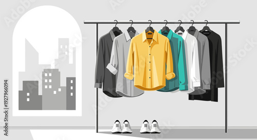 Assorted men's shirts hanging on a clothing rack with shoes underneath in a minimalist setting.