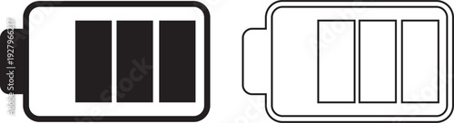 Battery status icon set collection, charging level indicator symbols with low, medium, full power and lightning bolt in solid and outline style vector isolated on transparent background