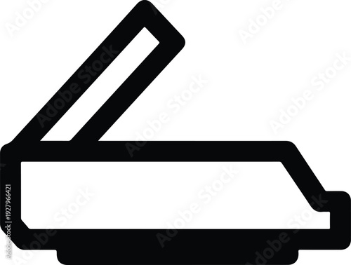 Simple black outline icon of a flatbed scanner with an open lid. A vector symbol representing digitizing, copying, and office technology, isolated on a white background