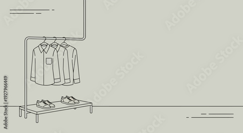 Simple line drawing of clothing on a rack with shoes on a shelf.