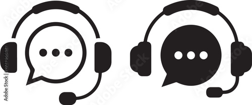 Two black headset icons with speech bubbles and microphones representing customer support and communication services, isolated on transparent background