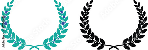 Two distinct laurel wreaths, one in vibrant teal with blue berries and another in classic black with dark berries, symbolizing honor and achievement