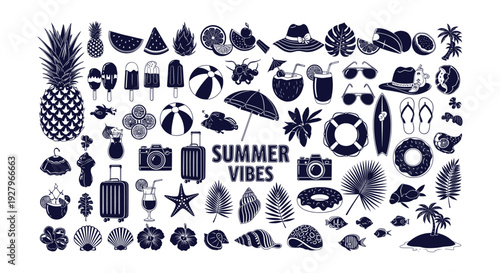 Summer Beach Vacation Tropical Holiday Icons Set Collection Elements