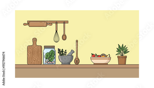 Cozy kitchen countertop with cooking utensils and fresh ingredients