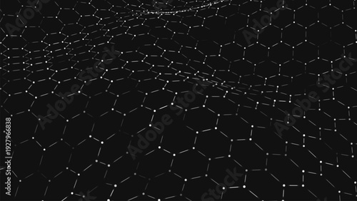 A monochrome hexagonal grid spreads out in the darkness, maintaining a strict rhythm and order. A futuristic hexagonal background. Honeycomb patterns create a sense of hidden structure and mathematica