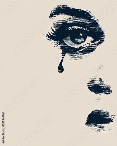 Human eye with tear drop, halftone art style. Strong emotion of sadness or sorrow