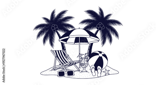 Idyllic Tropical Summer Beach Vacation Scene Palm Trees Umbrella Chair Cocktail Sunglasses Vector Illustration