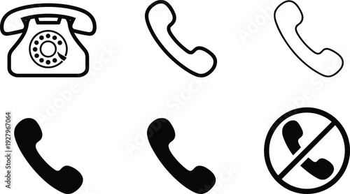 Telephone handset icons set, vintage rotary phone and call accept decline symbols vector illustration isolated