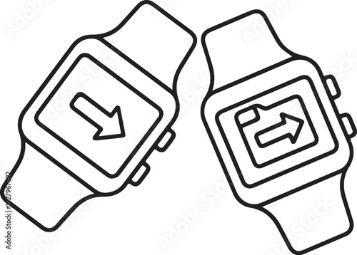 Two smart watches displaying transfer icons, wearable technology for data exchange and digital connectivity on wrist devices