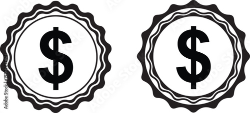 Two monochrome illustrations of a dollar sign badge, one with a thin outline and the other with a solid fill, both on checkered background