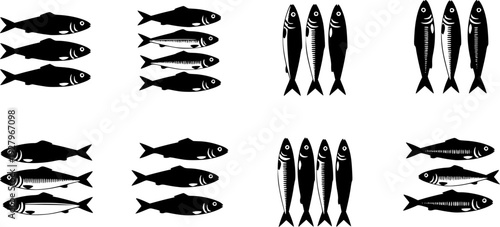 Set of Minimalist black sardine seafood silhouette vector icon
