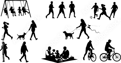 People different ages doing outdoors activities with various poses in public park vector silhouettes. People all ages playing in park family bonding leisure time black silhouette set