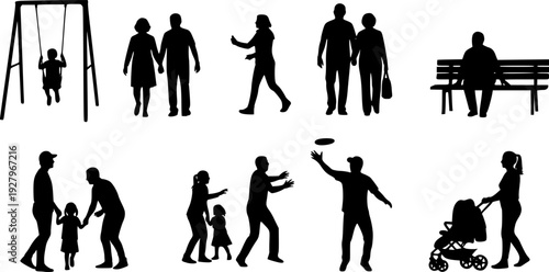 People different ages doing outdoors activities with various poses in public park vector silhouettes. People all ages playing in park family bonding leisure time black silhouette set