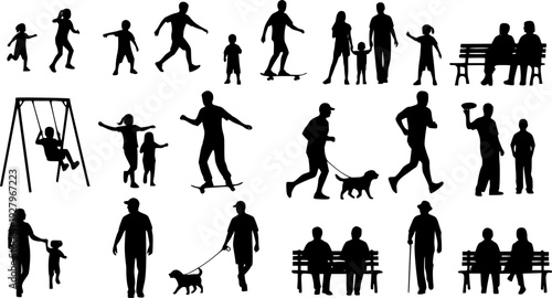 People different ages doing outdoors activities with various poses in public park vector silhouettes. People all ages playing in park family bonding leisure time black silhouette set