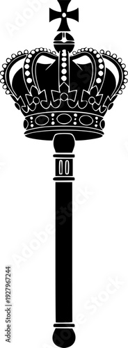 Black silhouette of a scepter with crown and cross isolated on white background
