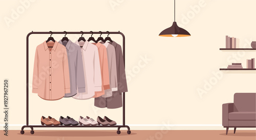 Clothing rack with garments and shoes in a modern room setting.