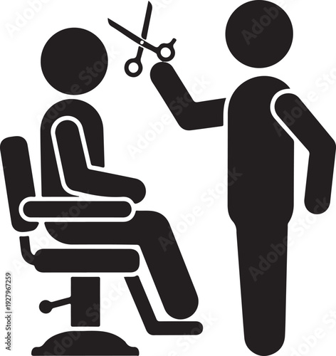 Two vector illustrations of a male barber cutting hair of a male client sitting in a barber chair, both in solid black silhouette style