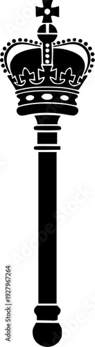 Black silhouette of a scepter with crown and cross isolated on white background
