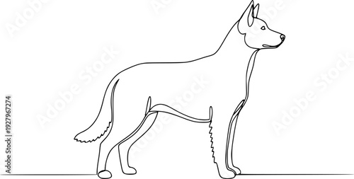 Continuous one line drawing of a dog standing in profile. Editable black stroke on a white background. Vector illustration.
