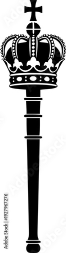 Black silhouette of a scepter with crown and cross isolated on white background
