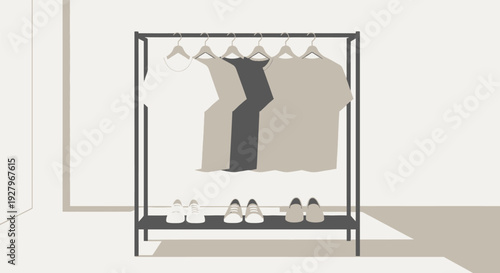 Minimalist clothing rack with neutral toned garments and shoes.