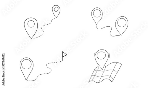 Doodle Location map distance measuring and pin set. Pin line hand drawn for planner or map. Gps Navigation Markers pinpoints, tags, flag icons. 