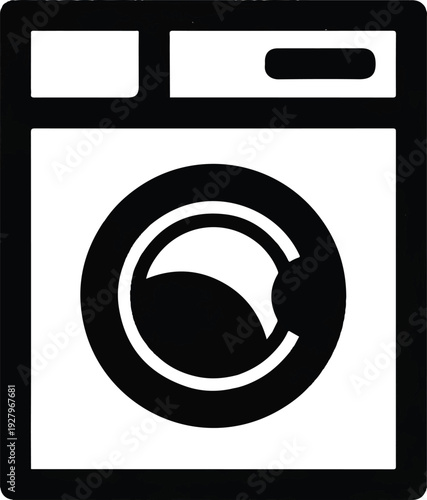 A simple black and white vector graphic illustration of a front-loading washing machine, ideal for use in design projects related to laundry or home appliances