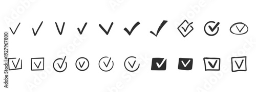 Check mark doodle icon set. Checkmarks and confirm. Ok, yes sign for agreement, done. tick. Cross signs for checkbox, checklist, v in sketch.
