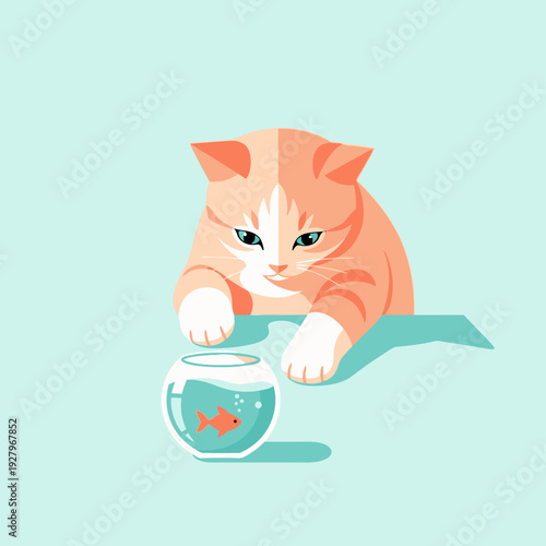 Cat reaching for fishbowl with fish isolated on White Background