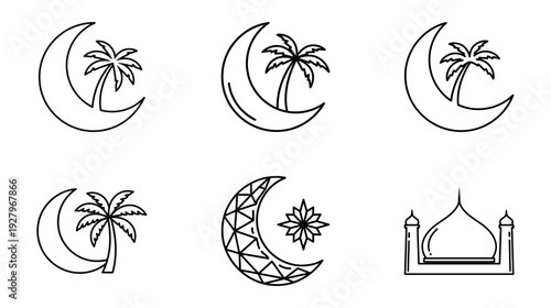 Crescent moon and palm tree icons with mosque graphic, Islamic symbols, vector illustrations