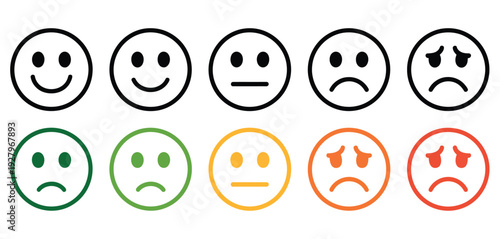 Customer feedback review vector concept, satisfaction level scale from excellent to awful, emotional smiley and emoji rating icons, UX consumer survey evaluation symbols