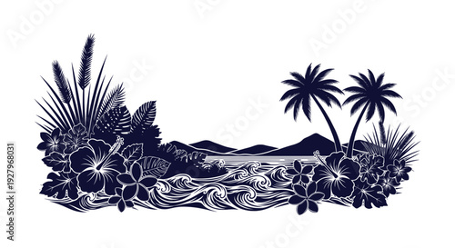 Tropical Beach Island Paradise Silhouette Vector with Palm Trees and Hibiscus Flowers