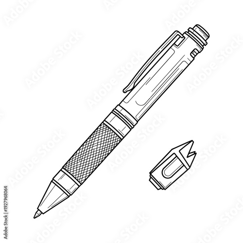 Detailed illustration of a silver mechanical pencil with a knurled grip and its cap on a plain white background
