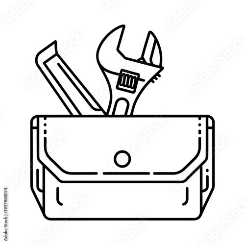 Tools in a tool belt wrench and hammer black line illustration construction and repair concept