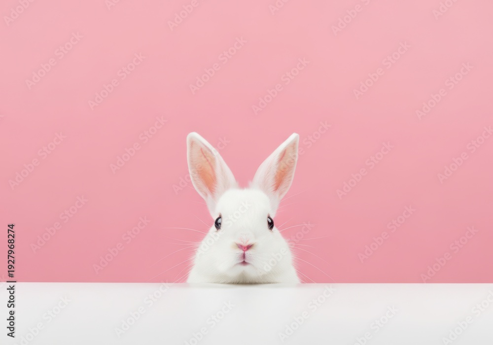 Fototapeta premium A curious white rabbit peeking over a white surface against a pink background