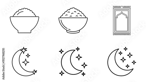 Ramadan Icons Crescent Moon, Prayer Mat, and Bowl of Rice Illustrations