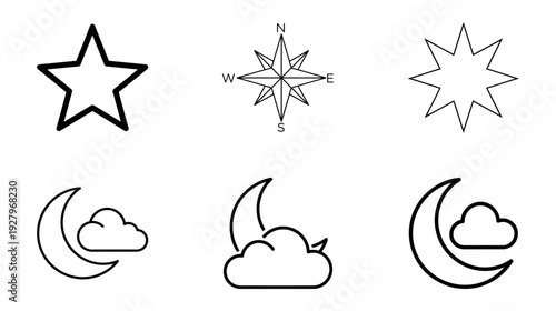 Collection of Astronomical and Navigation Icons Star, Compass Rose, and Moon with Clouds
