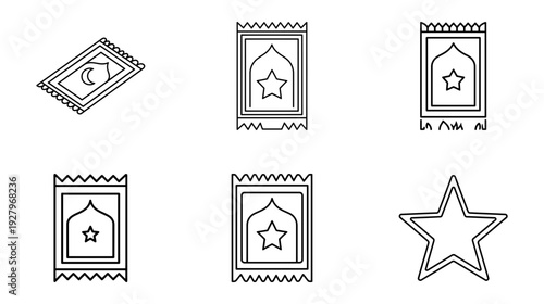 Set of Islamic prayer rugs and stars in a clean outline icon design