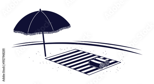 Minimalist Summer Beach Scene Vector Illustration with Parasol and Striped Towel