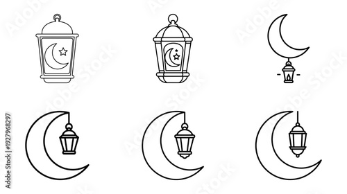 Islamic crescent moon and lantern icons for Ramadan and Eid celebrations